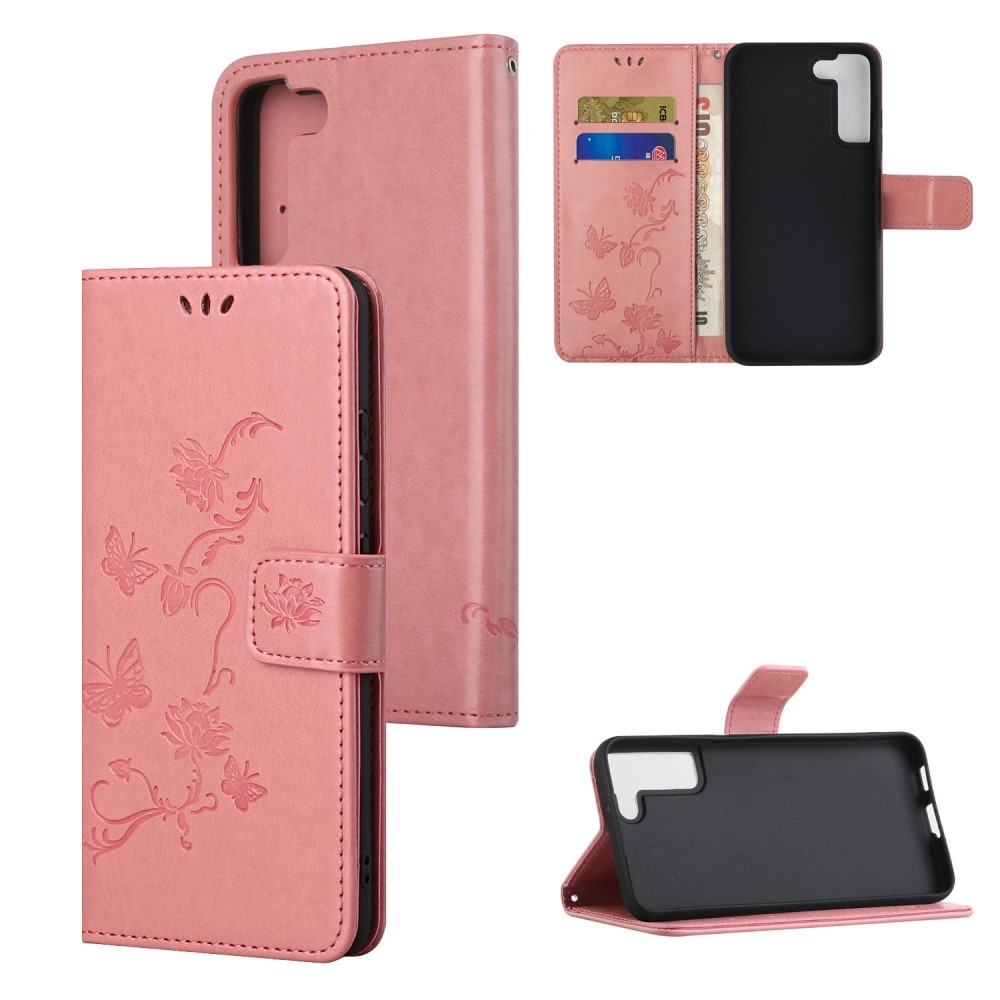 Étui en cuir à papillons pour Samsung Galaxy S22, Rose